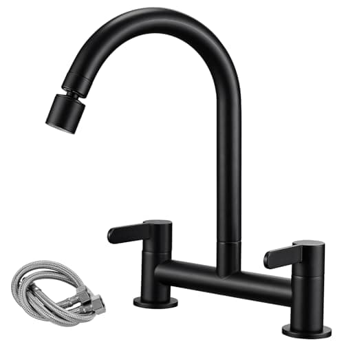Image of Peppermint Black Kitchen Mixer Taps 2 Hole with 2 Function Aerator Dual Lever Kitchen Bridge Tap Monobloc Two Hole 180MM Centers Deck Mounted Double Brass Faucets1/4 Turn 360° Swivel Sink Tap