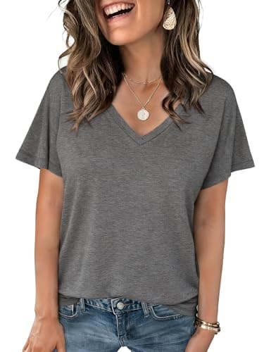 Image of Crewhpo T-Shirt for Women Basic Short Sleeve T Shirts V Neck Solid Colour Tees Summe Casual Loose Lightweight Cotton Tops A-Grey