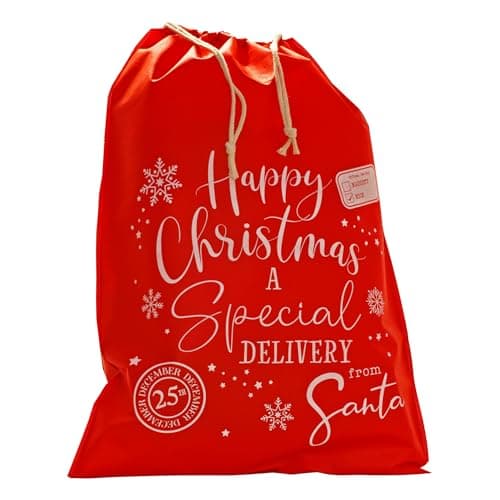 Image of Design By Violet Christmas Red Jumbo Sack – Extra-Large Reusable Fabric Present Sack with Drawstring Closure – Special Delivery from Santa Design
