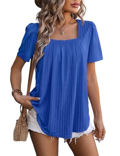 Image of Flikity Ladies Summer Tops, Square Neck Puff Sleeve Blouses Womens Tshirts Dressy Tops for Women Going Out Top Ladies Top Size 12-14 Business Casual Daily Wear Blue M