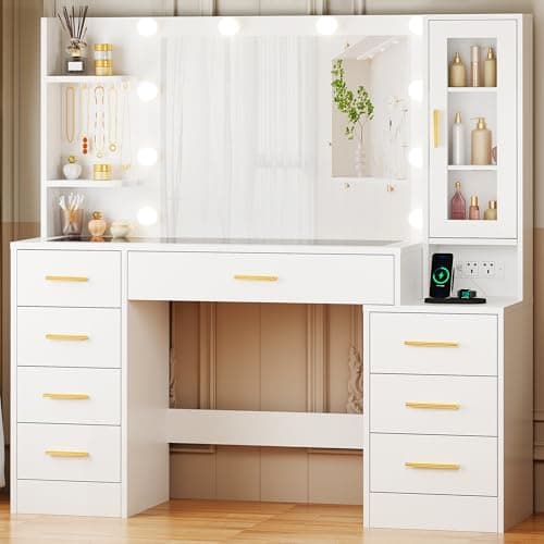 Image of ANWBROAD Large Dressing Table with Mirror and Lights,White Makeup Vanity Desk with Glass Top and Power Outlet 8 Drawers 5 Hooks Nightstand Vanity Table for Bedroom Women Girls YBDT88W
