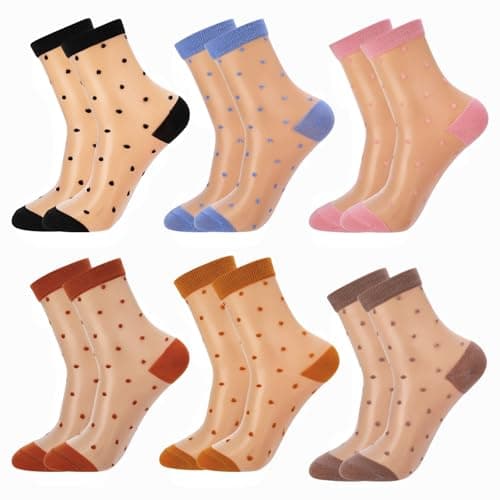 Image of Xialvyu 6 Pairs Sheer Socks for Women Girls,Mesh Sock with Polka Dot,Summer Ultra Thin Lace Stocking,Transparent Ankle Sock,See Through Silk Socks,Size UK 4-6