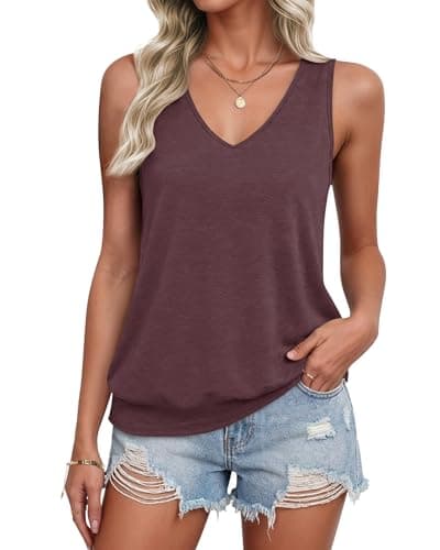 Image of WNEEDU Womens Tank Tops Summer V Neck Sleeveless Vest Ladies Tops Basic Cami Casual Shirt Loose Fit Blouse Wine Red L