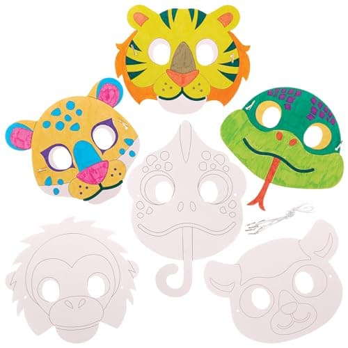 Image of Baker Ross FX556 Rainforest Animal Colour In Masks - Pack of 10, 17cm-22cm, Kids Paper Masks, Assorted Designs, Colouring Activity