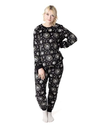 Image of Disney The Nightmare Before Christmas Womens Pyjama Set | Velour Fleece Adults Jack Skellington Graphic Long PJ in Black | Ladies Star Print Nightwear | Classic Movie Merchandise Gift