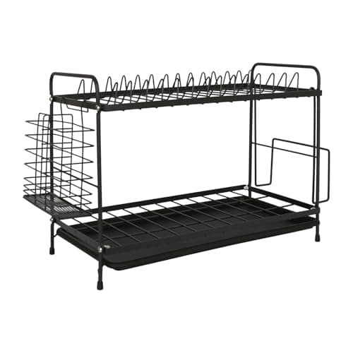 Image of Harbour Housewares Metal 2-Tier Dish Drainer Rack with Drip Tray - Black - 1x Kitchen Sink Drying Draining Washing Up Plate Dishes Storage Board with Cutlery Utensil Holder