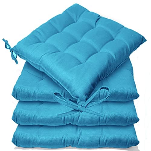 Image of Casabella Pack of 4 Seat Pad for Dining Chair Garden Kitchen Chair Cushion With Tie On_9 Stitch_Teal Indoor/Outdoor Comfortable chair pads for Kitchen seat pads 9 stitch cushions