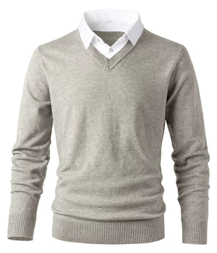 Image of Herothorn Men's Knit Sweater Fashion Pullover Soft Touch V-Neck Sweatshirt Top with Plaid or White Mock Shirt Collar