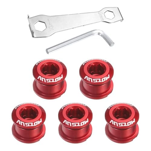 Image of sourcing map 5pcs Single Chain Ring Bolts M8 Aluminum Alloy Bicycle Crankset Nut Chainwheel Screws with Mountain Wrenches for Road Bike Mountain Bike, Red
