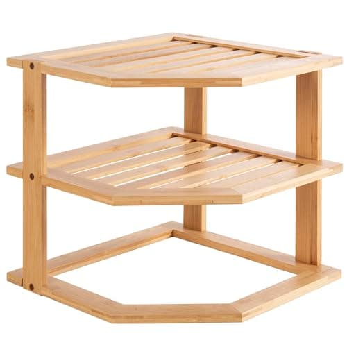 Image of Vencier 3-Tier Bamboo Corner Shelf – 25×25×23.5 cm Freestanding Storage Rack, Cupboard & Countertop Organiser for Kitchen, Bathroom, and Living Room (Natural)