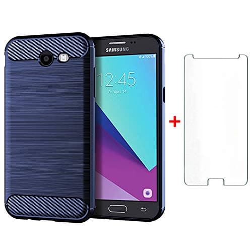 Image of Phone Case for Samsung Galaxy J3 2017 and Tempered Glass Screen Protector Film Cover with Mobile Bumper Accessories Slim Thin Shockproof Soft Silicone Rubber Glaxay J 3 Pro Duos SM-J330FN J330 Blue