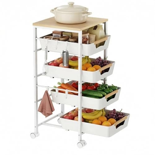 Image of Uwoodia 5-Tier Slim Storage Trolley on Wheels, Metal Kitchen Rolling Cart with Pull-Out Baskets, Wooden Top Narrow Space Utility Cart Slide Out Organizer for Kitchen, Bathroom, Laundry Room, White