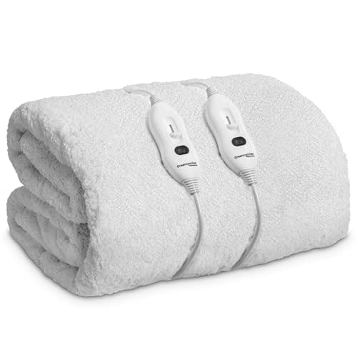Image of Dreamcatcher Electric Blanket King Size 203x152cm, Fully Fitted Sherpa Fleece Electric Blanket, Underblanket Mattress Cover, 3x Heat Settings, 2x Controllers and Machine Washable White Heated Blanket