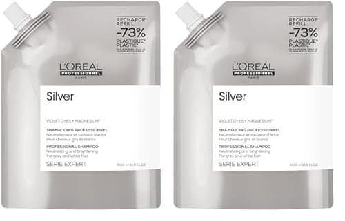 Image of L’Oréal Professionnel Silver Shampoo For Grey, White Or Light Blonde Hair, Neutralising and Brightening, Serie Expert, 500ml Refill (Pack of 2)