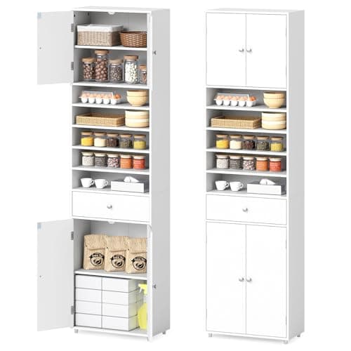 Image of COSTWAY 180cm Tall Kitchen Cupboard, Buffet Pantry Storage Cabinet with 4 Door, Adjustable Shelves & Anti-tipping Device, Freestanding Sideboard Organizer for Home Dining Room (White)