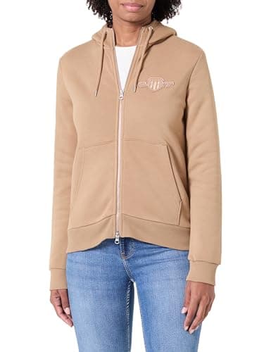 Image of GANT Women's Reg Tonal Shield Zip Hoodie Hooded Sweatshirt, Warm Khaki, S