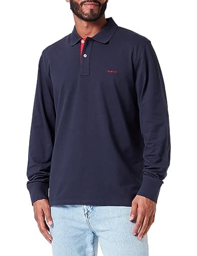 Image of GANT Men's REG Contrast Pique LS Rugger Polo Shirt, Evening Blue, Standard, Evening Blue, XXL