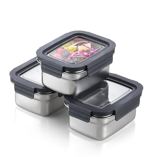 Image of Misichao Stainless Steel Food Storage Containers with Lids - Stackable Airtight Meal Prep Food Containers for Kitchen & Pantry, Leakproof, Reusable Metal Bento Lunch Box 600ml 3 Pack