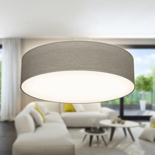 Image of B.K.Licht - Ceiling Light with Fabric Light Shade, Flush Mount Light Fitting, 2 E27 Sockets, max. 40 watt Bulb, Livingroom, Bedroom Ceiling Lights, Hallway Lighting, Soft Light Lamp, 38x10 cm, Taupe
