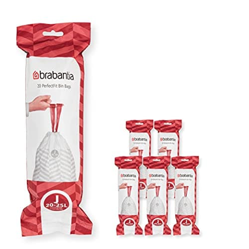 Image of Brabantia 138362 PerfectFit Bin Liners Multipack (Size J/20-25 Litre) Thick Plastic Trash Bags with Tie Tape Drawstring Handles (120 Bags), White