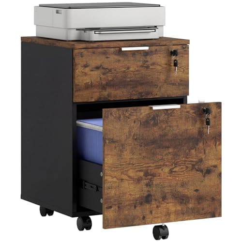 Image of HOMCOM Mobile File Cabinet with Wheels and Lock, 2 Drawer Under Desk Office Cabinet, Adjustable A4 and Letter Hanging Bars, Black and Rustic Brown