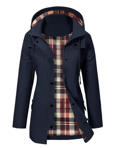 Image of PASUDA Women's Waterproof Jacket Long Rain Coats Hooded Rain Jacket with Pockets Lightweight Windbreaker Raincoat Functional Trench Coats Hiking Running Camping Outdoor Coats (Navy, XL)