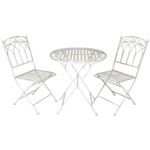 Image of CHARLES BENTLEY Rustic Wrought Iron Bistro Set For Patio, Garden, Balcony, Decking, Stylish, Outdoor Furniture, Rustproof, 2 Person, Antique White, 1 Circle Table, Lightweight, 2 Chairs (70x70x75cm)