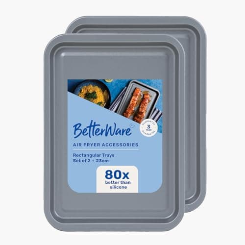 Image of BetterWare Air Fryer Accessories Set of 2 x 23cm Rectangular Trays | Non-Stick Low Carbon Steel | Dishwasher & Freezer Safe | Compatible with Most Air Fryers | Ideal for Cooking, Roasting & Baking