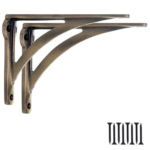 Image of EDUWURXS Ironbridge Cast Iron Antique Brass Shelf Brackets | Heavy Duty Wall Brackets for Shelves | Rustic Supports for Kitchen, Living Room & Outdoor | 4x5.5 (Pack of 2)