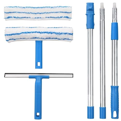 Image of Mitclear Window Cleaner with Long Handle(57IN), Glass Cleaning Tools with Silicone Squeegee & Microfiber Scrubber, Window Cleaning Kit for Shower Glass Mirror Door Car