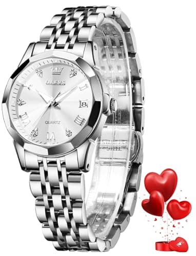 Image of OLEVS Womens Watch Fashion Dress Diamond Roman Numerals Ladies Silver Analog Quartz Stainless Steel Waterproof Luminous Date Female Watch