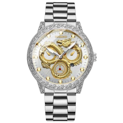 Image of Oidea Luxury Gold Dragon Men's Watch: Analog Quartz Watches for Men Business Dress Wrist Watch Waterproof Luminous Date Wristwatches with Silver Stainless Steel Strap