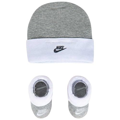 Image of NIKE Children's Apparel Baby Hat and Bootie Two Piece Set Socks, Grey/White, 0-6 Months