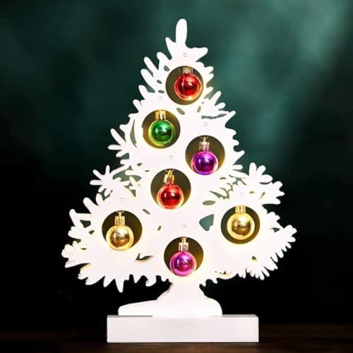 Image of Marco Paul Pre-Lit Wooden Christmas Tree Decoration – Xmas Ornament with Warm White LEDs - Battery Operated Wooden Christmas Tree Decor for Mantelpiece, Table, Windowsill Festive Display