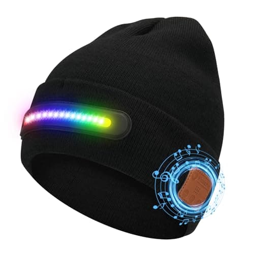Image of MISERWE Music Dance Light Beanie Hat, Unisex Rechargeable Headlamp Beanie with 20 LED Lights and Detachable Mic, Wireless Music Beanie Hat for Men Women Black