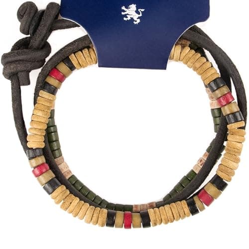 Image of LOCAL LEAGUE Mens Surfer Beaded Leather Bracelet Set of 3 SURF CREW HAWAII - Adjustable Cord Wristband BEIGE GREEN Beads Man, Woman, Wrap Rope Holiday Party Clubbing Festival Gift