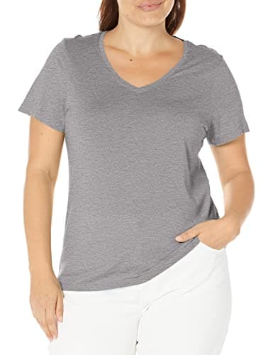 Image of HUE Women's Sleepwell Basic Short Sleeve V-Neck T-Shirt for Lounging Or Sleeping, Made with Temperature Regulating Technology Pajama Top, Medium Grey Heather, Small