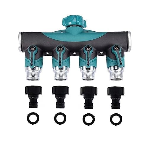 Image of BOZONLI 4 Way Garden Hose Splitter, 3/4 Inch Zinc Alloy Garden Tap Splitter Hose Connector Tap Connector with 4 Connectors and 4 Rubber Washers