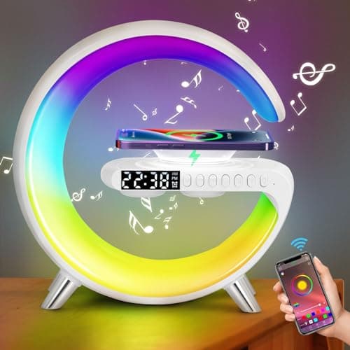 Image of Jalann Smart Lamp Bluetooth Speaker with Wireless Charger, Dimmable Night Light G Speaker Lamp, App Control, RGB Color Changing, G Light with Sunrise Alarm Clock, LED Bedside Lamps for Bedroom (White)
