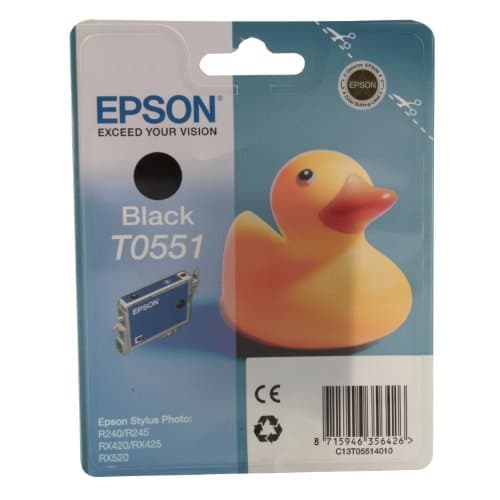Image of Epson T0551 Black Ink Cartridge for Printers (Original, Pigment-Based Ink, Black, Epson, Stylus Photo RX520 - Stylus Photo RX425 - Stylus Photo RX420 - Stylus Photo R240, 1 Piece)