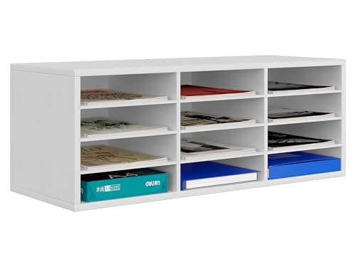 Image of EasyPAG Wood Desktop 4 Tier 12 Compartments A4 Filing Tray Office Desk Tidy Mail Sorter File Holder Paper Organiser Magazine Storage Rack,White