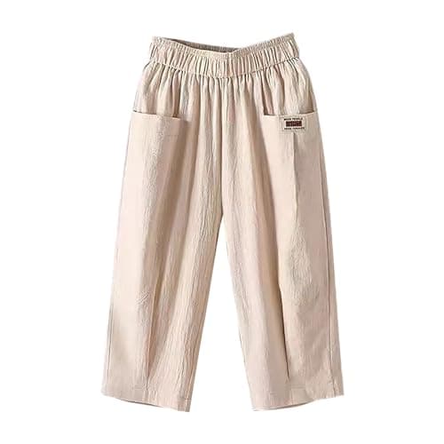 Image of Ladies Boho Trousers Elasticated High Waist with Pockets Straight Leg Trousers Comfy Soft Summer Crop 3/4 Palazzo Boho Joggers Casual 3/4 Length Pants Plus Size Stretch Linen Cotton Short Beige