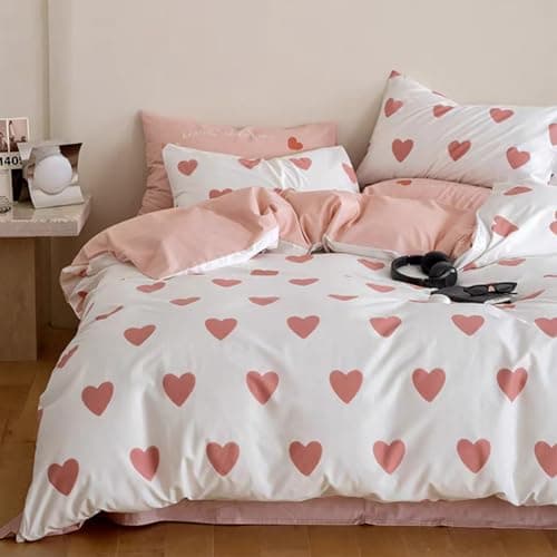 Image of Michorinee Double Duvet Cover Set Kids Girls Pink Heart Bedding Double Bed Set 3pcs Reversible Pink White Quilt Cover 200x200 cm with 2 Pillow cases 50x75 cm