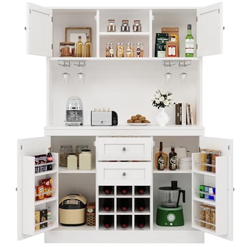 Image of Merax Kitchen Cupboard 188cm Tall Storage Cabinet Buffet larder pantry Cupboard, with 4 Doors&2 Drawers&Wine Rack&Glass Holder&Adjustable Shelves&Large Countertop, White