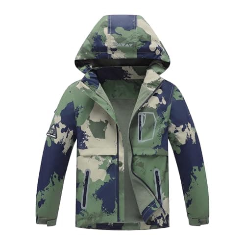 Image of BuyiRen Boys Girls Windbreakers Jacket Rain Jackets Hooded Raincoat Fleece Lined Rain Coats for Kids, Camo, 9-10 Years