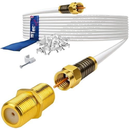 Image of 1STec 10m Gold Plated Premium Virgin Media Extension Cable with Webro Cable included Clips + Female Joining Coupler for V6 TIVO Set Top Box or VIVID Fibre Super Hub Broadband Modems (10 Metre, White)