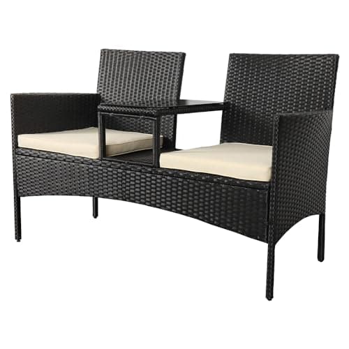 Image of Panana Rattan Loveseat, 2 Seater Garden Bench with Cushions & Built-In Glass Table, PE Wicker Patio Love Seat for Outdoor Balcony, Poolside & Conversation Set (Black Rattan with White Cushions)