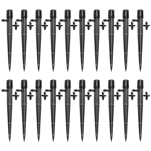 Image of VooGenzek 20 PCS 360 Degree Adjustable Irrigation Dripper Sprinkler, Micro Stake Emitter Dripper for 4/7 mm Garden Hose Irrigation System, Water Flow Stake Emitter, Black (with Connector)