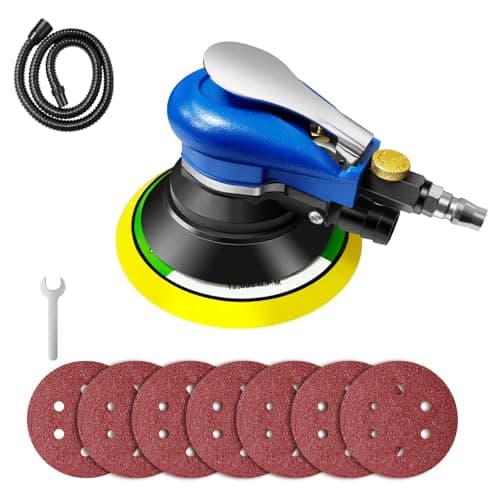 Image of 6" Air Random Orbital Sander 150mm Dual Action Pneumatic Palm Sander Air Orbit Polisher with Dust Collection Hose & Bag and 7pcs Sandpapers for Sanding Wood Metal, Auto Body Repair Work