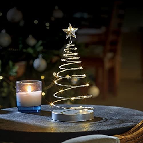 Image of Marco Paul Silver Spiral Christmas Tree Ornament Light – 35 cm Battery-Operated LED Decoration – Traditional Pre-Lit Table Centrepiece for Festive Indoor Xmas Home Décor